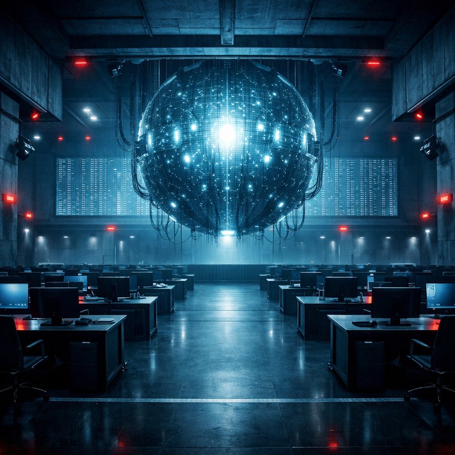Corporate Entropy — neural processing sphere suspended in a brutalist surveillance office