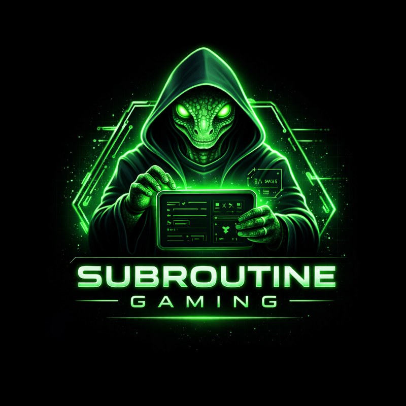 Subroutine Gaming — hooded reptilian mascot holding a glowing terminal tablet, neon green cyberpunk aesthetic