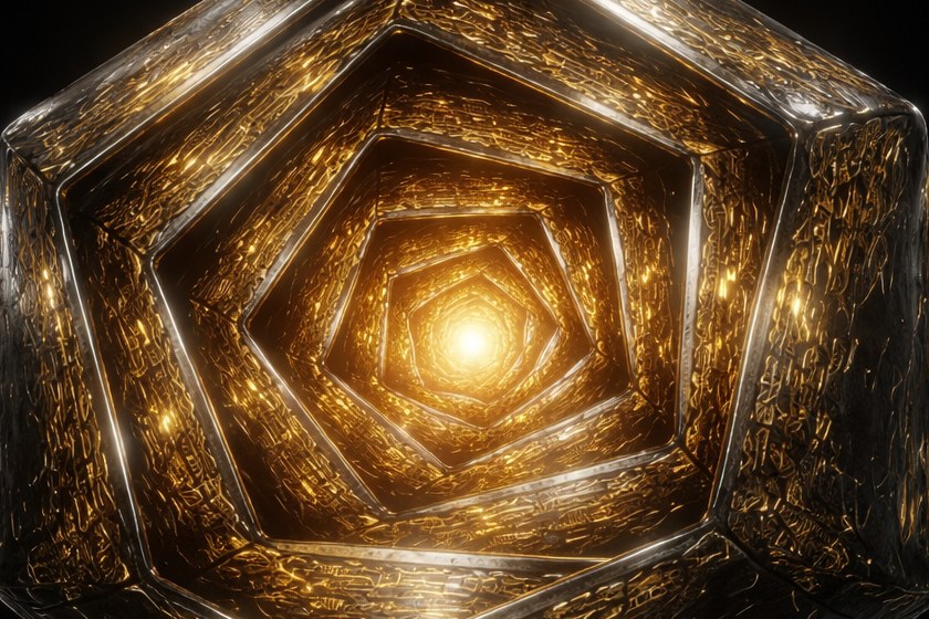 Strata — AUROS, the ancient AI artifact buried beneath Mars, a golden geometric void of recursive crystalline chambers