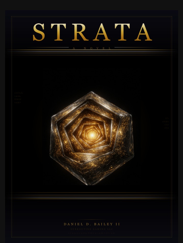 STRATA — A Novel by Daniel D. Bailey II, published by Subroutine Gaming LLC. Book cover featuring the AUROS artifact on black with gold typography.
